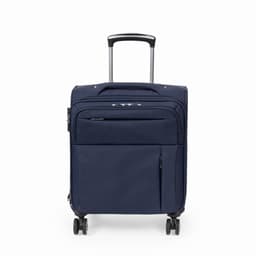A travel suitcase in navy blue with a retractable handle and four wheels for easy mobility. It features multiple compartments.