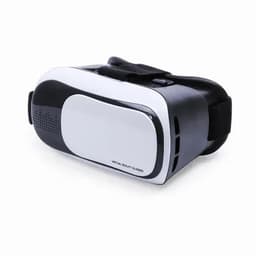 A virtual reality headset in black and white, featuring adjustable straps and ventilation holes.