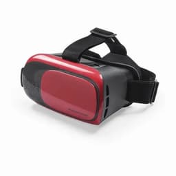 A virtual reality headset in red and black, featuring a contoured design and adjustable straps.