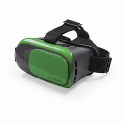 A virtual reality headset in black and green, featuring adjustable straps and speaker vents.