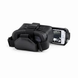 A virtual reality headset with a black exterior, featuring adjustable straps and a compartment for a smartphone.