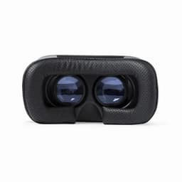 A virtual reality headset in black with a padded front and dual lenses. Features a sleek design and logo branding.
