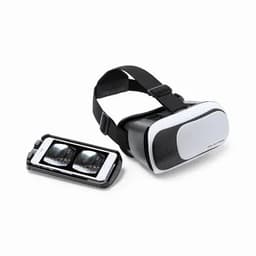 A virtual reality headset in black and white, with a smartphone placed next to it for enhanced experience.
