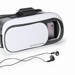A pair of white virtual reality glasses with a black strap and earbuds nearby.