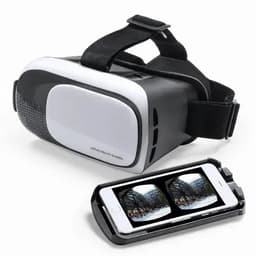 A virtual reality headset in black and white next to a smartphone displaying 3D content. The headset has a logo.