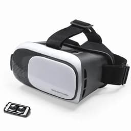 A virtual reality headset in black and white with adjustable straps, accompanied by a remote control device.