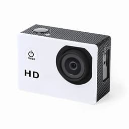 A compact HD camera in black and white with a textured surface and lens. It features a power button and a logo.