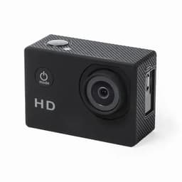 A compact black HD camera with a textured surface, featuring a power button and lens on the front.