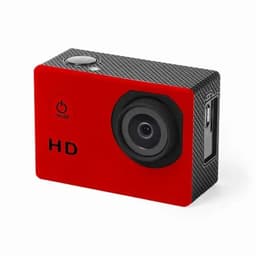 A compact red HD camera with a textured black side, featuring a lens, buttons, and a logo.
