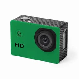 A compact HD camera in green and black, featuring a lens and a power button, with a textured surface.