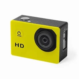 A compact HD camera in bright yellow with a textured black side and a circular lens. It features a power button.