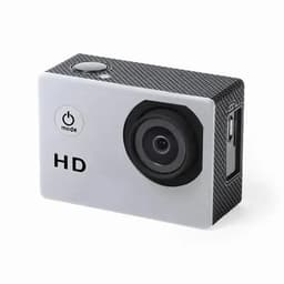 A compact HD camera in black and silver with a textured finish and a lens on one side.