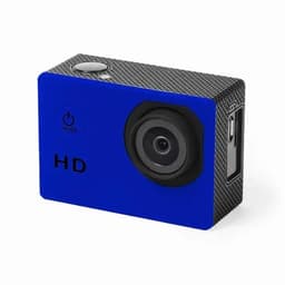 A blue HD action camera with a textured surface and a lens on the front, featuring a power button and a logo.