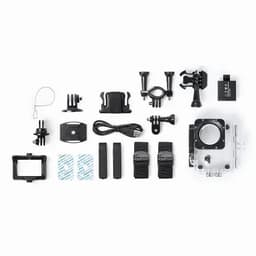 A collection of camera accessories including mounts, straps, and a waterproof case in various colours.