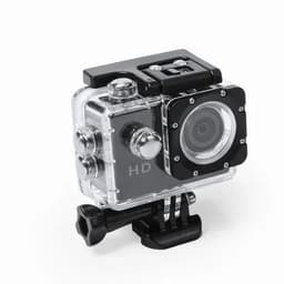 A compact action camera in a clear waterproof casing with black accents, featuring buttons and a lens.