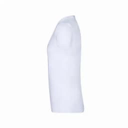 A white t-shirt displayed from the side, featuring a simple design and a smooth fabric texture.