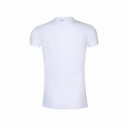 A plain white T-shirt with a fitted design and short sleeves, featuring no visible logos or branding.