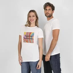 A casual white t-shirt featuring a colourful design on the front, worn by a man and a woman.