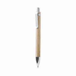 A wooden pen with a silver clip and tip, featuring a sleek, natural wood finish.