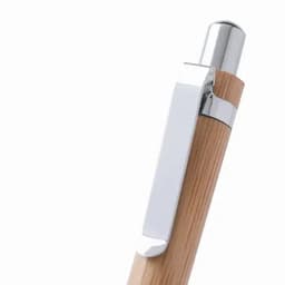 A wooden pen with a chrome clip and a sleek design, featuring smooth finishes in natural wood tones.