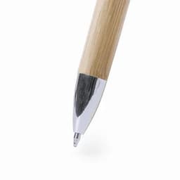 A pen with a bamboo body and a shiny silver tip, featuring a sleek design.