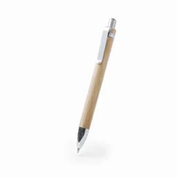A wooden pen with a silver clip and tip, featuring a smooth finish and a sleek design.