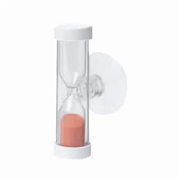 An hourglass timer with a transparent body and white ends, featuring pink sand inside.