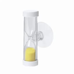 An hourglass timer with a clear glass body and white ends, filled with bright yellow sand.