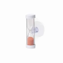 An hourglass timer with a clear body and white ends, featuring pink sand inside.