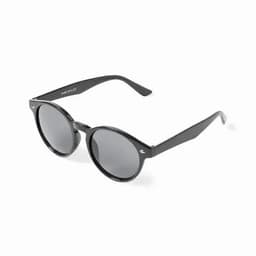 A pair of round black sunglasses with dark lenses and sleek black arms.