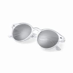A pair of clear-frame sunglasses with mirrored grey lenses, featuring a round design and small branding details.