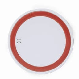 A round drink bottle with a white body and a red rim, featuring a small logo on the side.