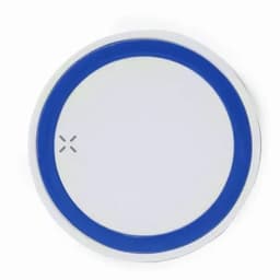 A round product with a white surface and a blue border, featuring a logo at the centre.