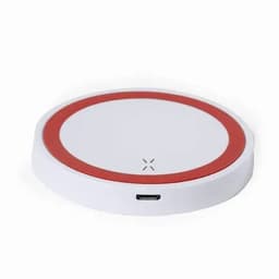 A wireless charger with a white base and a red circular edge, featuring a small USB port.