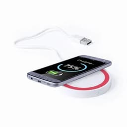 A wireless charger with a red and white base, charging a smartphone displaying a 75% battery.