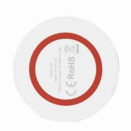 A wireless charger in white and red, featuring branding and technical specifications on the bottom.