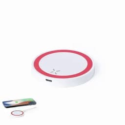 A wireless charger in white with a red ring, next to a smartphone displaying charging status.