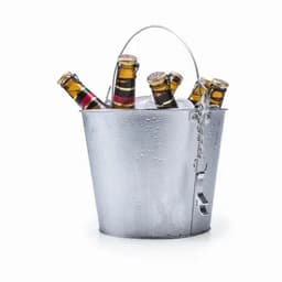 A silver bucket filled with ice and several bottles, showcasing their colourful labels and metallic caps.