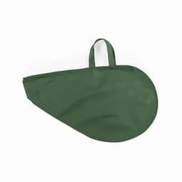 A green promotional product bag with a handle, featuring a rounded design. It has a logo.