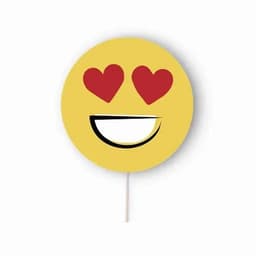 A round, yellow emoji with heart eyes and a wide smile, mounted on a stick. Contains a logo at the bottom.