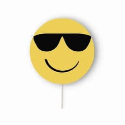 A yellow smiley face with sunglasses, featured on a stick. Simple and cheerful design.