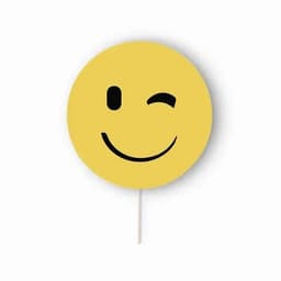 A round yellow sign featuring a smiling face with a wink and a stick for easy holding.