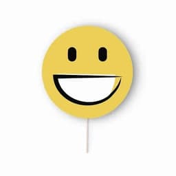 A yellow smiley face on a stick, featuring a wide grin and large black eyes. It has a simple, cheerful design.