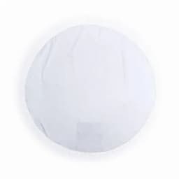 A round, white promotional product with a textured surface and a decorative edge, featuring a logo.