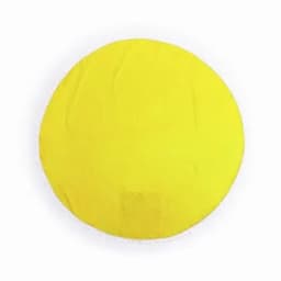 A yellow round promotional product with a stitched edge, featuring a logo at the centre.