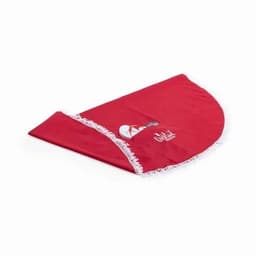 A red promotional product with a fringe and a logo, featuring a rounded shape.