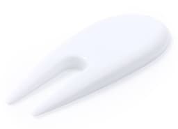 A white plastic item with two pointed ends, resembling a fork or tool. Suitable for a variety of uses.