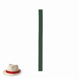 A straw hat with a red band, placed beside a vertical green strip. The background is plain and white.