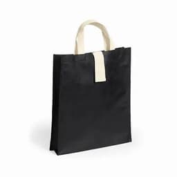 A black tote bag with a cream coloured handle, featuring a simple and minimalist design.
