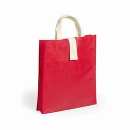A red tote bag with cream handles, featuring a simple design and a square shape.